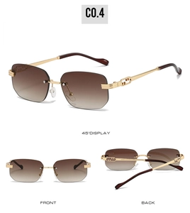Three-angle view of rimless square sunglasses with tea gradient lenses and gold temples