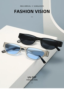 Close-up of retro cat-eye sunglasses with UV protection on geometric blue background
