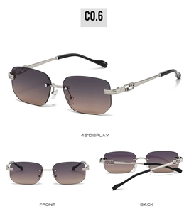 Detailed views of rimless square sunglasses with purple gradient lenses and silver temples