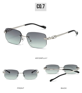 Three-way view of square rimless sunglasses with gradient lenses and metal hinges