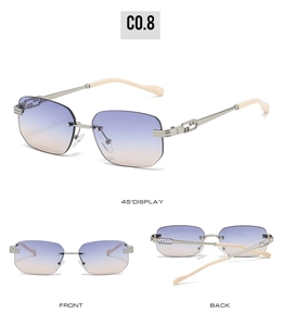 Detailed views of rimless square sunglasses with purple gradient lenses and silver temples