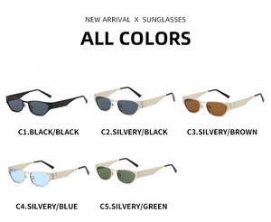 Detailed view of the five color variations of retro cat-eye sunglasses with metal frames