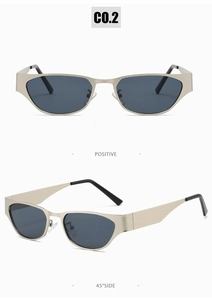 Detailed multi-angle views of narrow cat-eye metal sunglasses with C0.2 model engraving