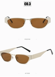 Detailed front and side view of oval cat-eye metal sunglasses with gold frames