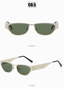 Front and 45-degree side view of vintage oval sunglasses with metallic silver frames