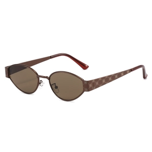 Oval coffee brown metal sunglasses with retro floral pattern on temples for men and women