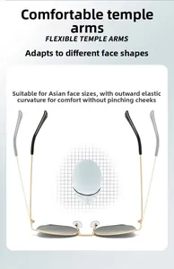 Detail of oversized metal sunglasses featuring flexible spring hinges for comfort
