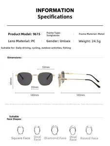 Detailed size chart for polygon metal sunglasses showing 140mm frame width and lens specs