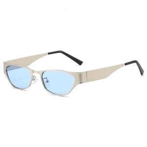 Retro slim cat-eye sunglasses with champagne metal frames and light blue tinted lenses