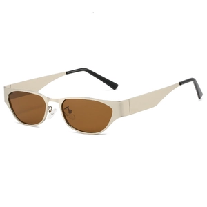 Retro small oval cat eye sunglasses with gold metal frame and brown lenses for women