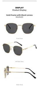 Three views of polygon sunglasses with gold frames, grey lenses and iconic striped temples