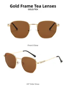 Detailed front and side views of gold square sunglasses with dark brown lenses and striped temples
