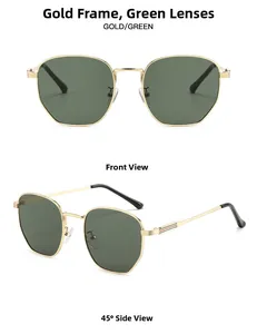 Detail of gold square metal sunglasses with green lenses and tricolor temple accents