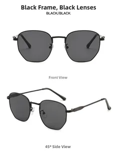 Front and 45-degree angle views of square metal sunglasses with black resin lenses