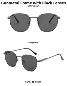 Front and 45-degree views of gunmetal polygonal sunglasses with dark grey lenses