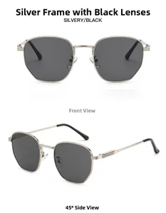 Detail of square metal sunglasses with silver frames and iconic red-green temple stripes