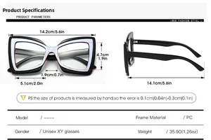 Detaillierte Größentabelle für Cat-Eye-Schleifenbrillen mit Maßen in cm und Zoll