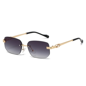 Chic rimless square sunglasses with gold metal C-decor and grey gradient lenses