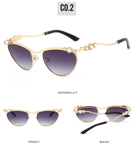 Drei Ansichten der ovalen Metall-Sonnenbrille mit Kristallen und violetten Gläsern