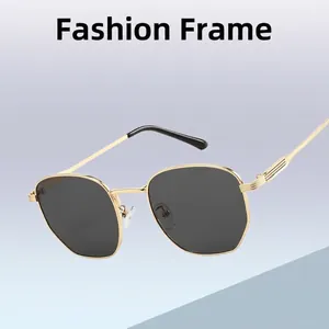 Modern polygonal gold metal sunglasses with dark lenses and stylish textured temples