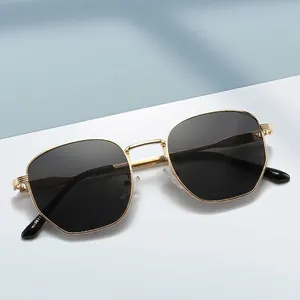 Chic polygonal gold metal sunglasses with dark gray UV lenses for men and women