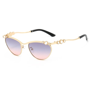Schicke ovale Sonnenbrille mit Goldrahmen, Strasssteinen und violetten Verlaufsgläsern