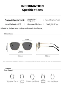 Detailed size chart for retro square sunglasses showing dimensions and metal frame specs