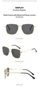 Detailed views of gold metal frame sunglasses with grey lenses from front and side angles