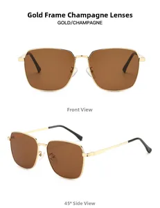 Front and 45-degree angle views of large frame gold metal sunglasses with champagne lenses
