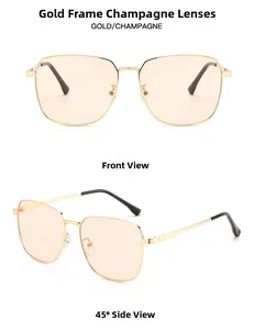 Detail view of gold frame sunglasses with champagne lenses from front and side angles