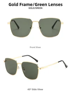 Detailed views of gold metal frame sunglasses with green lenses from front and side angles