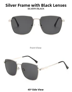Front and side view of silver frame square sunglasses with dark grey lenses for men