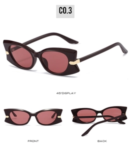 Trois vues de lunettes papillon rouge foncé avec détails en métal doré sur les branches