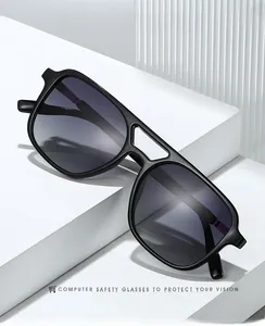 Detail view of polarized double bridge sunglasses on white stone with anti-blue light lens