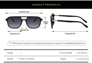 Detailed size specifications for square frame polarized sunglasses with PC and metal temples