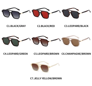 Matrix display of seven different color variations of stylish double-bridge square sunglasses