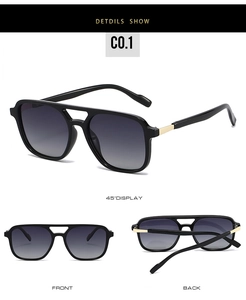 Detailed views of double bridge sunglasses with gradient lenses and gold metallic accents