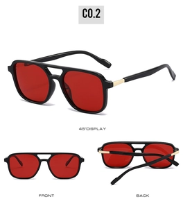 Three-angle display of black square sunglasses with red lenses and gold metal accents