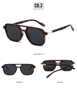 Three-angle view of vintage square polarized sunglasses in dark brown tortoiseshell
