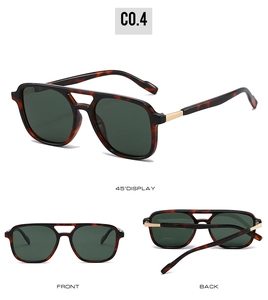 Three perspectives of retro double-bridge sunglasses with tortoiseshell frames and green lenses