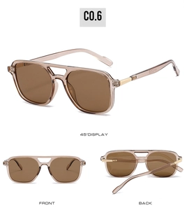 Three-view display of brown double-bridge pilot sunglasses with polarized lenses