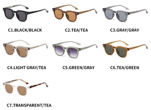 Grille détaillée des lunettes de soleil carrées TR90 montrant sept coloris de C1 à C7