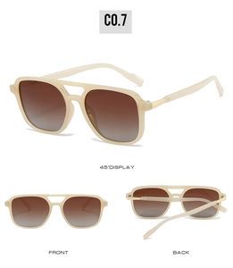 Three views of cream translucent aviator sunglasses with brown gradient lenses