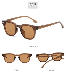 Trois vues de lunettes de soleil TR90 marron foncé avec détail de flèche argentée