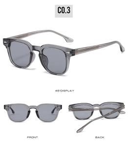 Trois vues de lunettes de soleil carrées en TR90 gris avec rivets métalliques