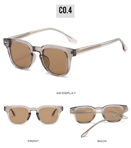 Trois vues de lunettes de soleil carrées en TR90 gris translucide avec verres marrons