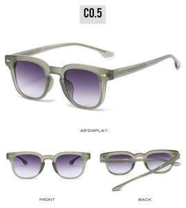 Trois angles de lunettes TR90 carrées vert translucide avec verres dégradés violets