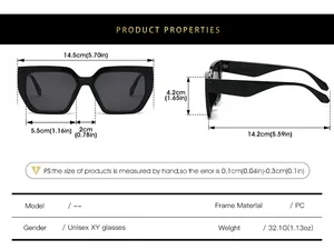 Tableau des tailles pour lunettes de soleil carrées rétro avec mesures de la monture en PC