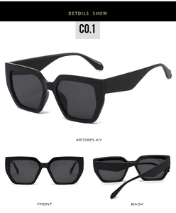 Vue sous trois angles de lunettes de soleil carrées noires avec vues de face et à 45 degrés