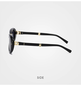 Seitenansicht der schicken Oval-Klappsonnenbrille mit schwarzen Rahmen und Gold-Scharnier